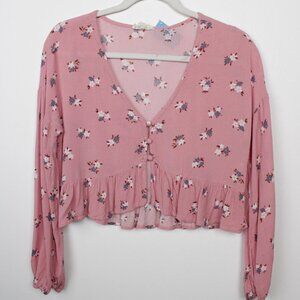 LA Hearts - Cropped Ruffle Hem Pink Floral Long Sleeve